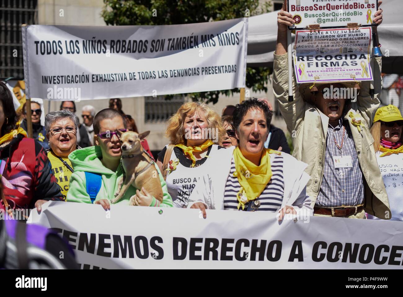 May 1, 2016 - Madrid, Spain: Victims of a baby-stealing policy hold a demonstration in central Madrid to ask Spanish authorities to fully investigate the alleged theft of thousands of newborns. The scandal of the 'bebes robados' ('stolen babies') date back from the era of Spanish dictator Francisco Franco, during which the newborns of some communist opponents of the regime or unmarried couples were declared stillborn, removed from their mothers and adopted by supporters of the regime. Similar thefts and illegal adoptions continued until the 1980s and 1990s and it's now estimated that as many a Stock Photo