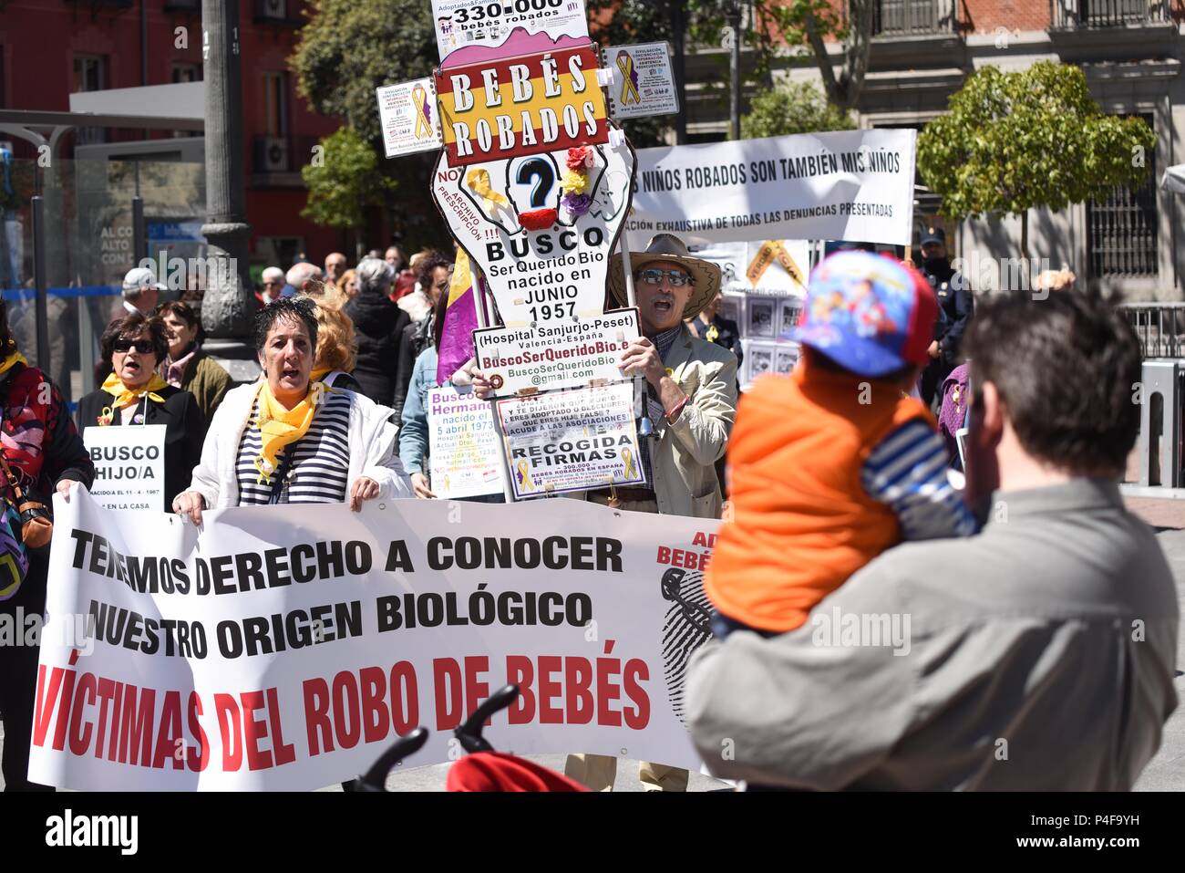 May 1, 2016 - Madrid, Spain: Victims of a baby-stealing policy hold a demonstration in central Madrid to ask Spanish authorities to fully investigate the alleged theft of thousands of newborns. The scandal of the 'bebes robados' ('stolen babies') date back from the era of Spanish dictator Francisco Franco, during which the newborns of some communist opponents of the regime or unmarried couples were declared stillborn, removed from their mothers and adopted by supporters of the regime. Similar thefts and illegal adoptions continued until the 1980s and 1990s and it's now estimated that as many a Stock Photo