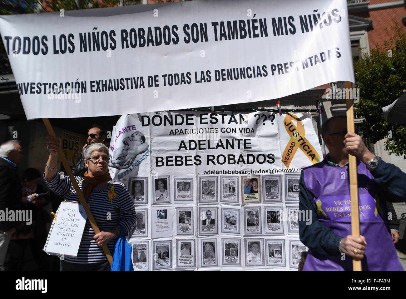 May 1, 2016 - Madrid, Spain: Victims of a baby-stealing policy hold a demonstration in central Madrid to ask Spanish authorities to fully investigate the alleged theft of thousands of newborns. The scandal of the 'bebes robados' ('stolen babies') date back from the era of Spanish dictator Francisco Franco, during which the newborns of some communist opponents of the regime or unmarried couples were declared stillborn, removed from their mothers and adopted by supporters of the regime. Similar thefts and illegal adoptions continued until the 1980s and 1990s and it's now estimated that as many a Stock Photo