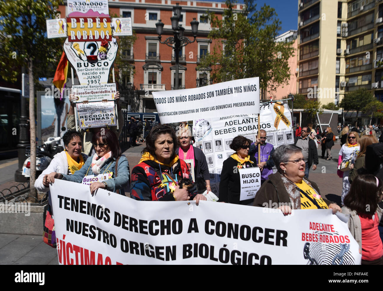 May 1, 2016 - Madrid, Spain: Victims of a baby-stealing policy hold a demonstration in central Madrid to ask Spanish authorities to fully investigate the alleged theft of thousands of newborns. The scandal of the 'bebes robados' ('stolen babies') date back from the era of Spanish dictator Francisco Franco, during which the newborns of some communist opponents of the regime or unmarried couples were declared stillborn, removed from their mothers and adopted by supporters of the regime. Similar thefts and illegal adoptions continued until the 1980s and 1990s and it's now estimated that as many a Stock Photo