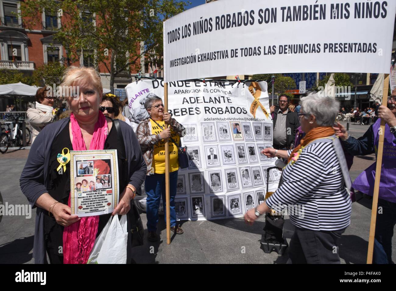 May 1, 2016 - Madrid, Spain: Victims of a baby-stealing policy hold a demonstration in central Madrid to ask Spanish authorities to fully investigate the alleged theft of thousands of newborns. The scandal of the 'bebes robados' ('stolen babies') date back from the era of Spanish dictator Francisco Franco, during which the newborns of some communist opponents of the regime or unmarried couples were declared stillborn, removed from their mothers and adopted by supporters of the regime. Similar thefts and illegal adoptions continued until the 1980s and 1990s and it's now estimated that as many a Stock Photo
