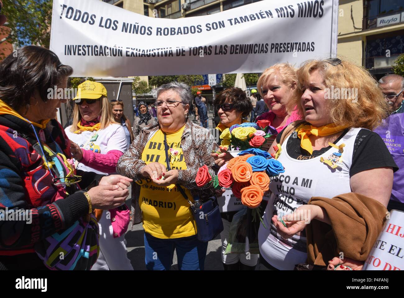 May 1, 2016 - Madrid, Spain: Victims of a baby-stealing policy hold a demonstration in central Madrid to ask Spanish authorities to fully investigate the alleged theft of thousands of newborns. The scandal of the 'bebes robados' ('stolen babies') date back from the era of Spanish dictator Francisco Franco, during which the newborns of some communist opponents of the regime or unmarried couples were declared stillborn, removed from their mothers and adopted by supporters of the regime. Similar thefts and illegal adoptions continued until the 1980s and 1990s and it's now estimated that as many a Stock Photo