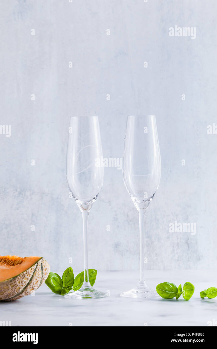 two empty glasses for champagne on the table Stock Photo