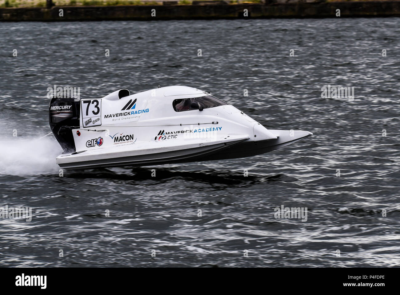 Xavier Autard driving for Maverick racing in the F1H2O F4-S Powerboat Grand Prix of London at Royal Victoria Dock, Docklands, Newham, UK Stock Photo