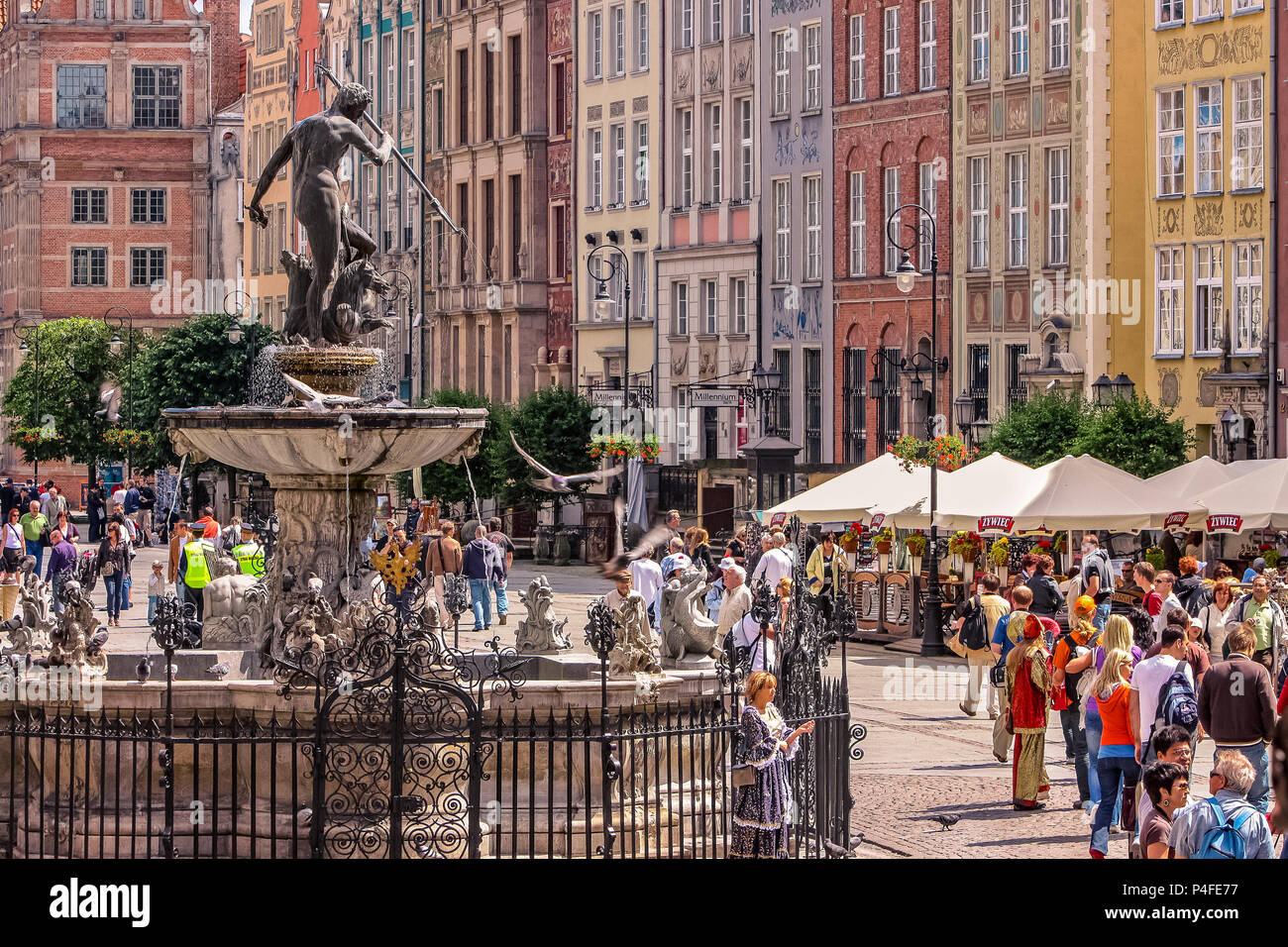 Gdansk / Poland - June 30.2009 : View on the famous sculpture / fountain of Neptune God of the Sea located in the old square. Stock Photo