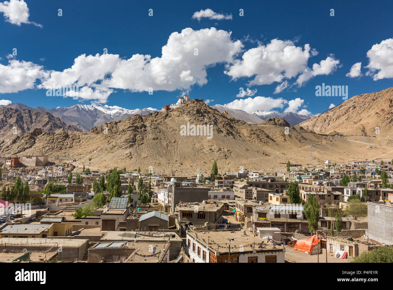 Beautiful view of Leh city with Tsemo Maitreya temple on the top of the hill, Jammu and Kashmir, India. Stock Photo