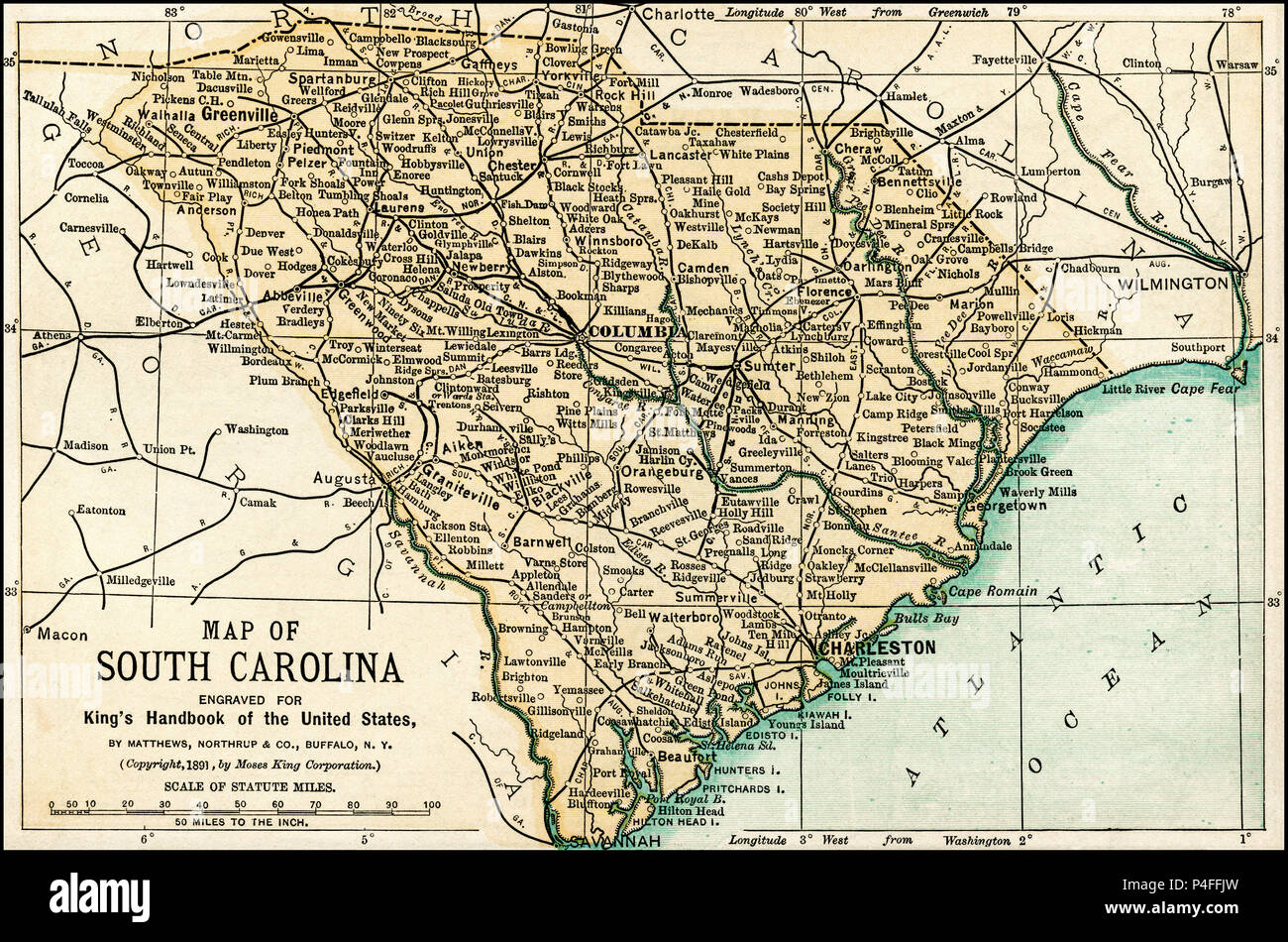 Map of South Carolina from an 1891 guidebook: 'King's Hand-Book of the United States.' Date of Publishing: 1891. Moses King (1853 1909) was an American editor and publisher of travel books. Stock Photo