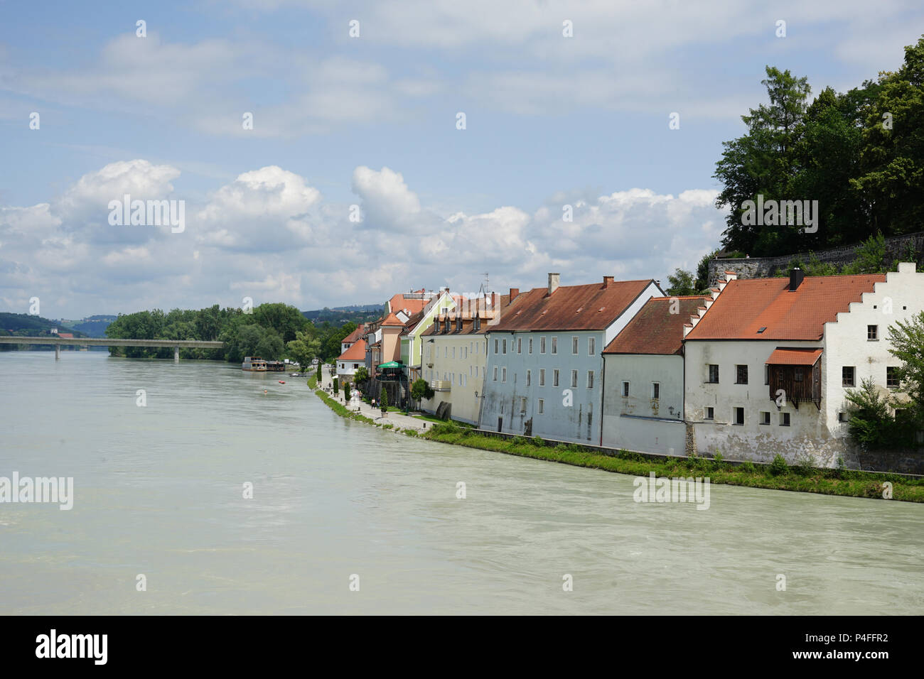Inn River and Barockstadt Schärding, seen from the Old Bridge,  Inn River, Austria, Europe, Stock Photo