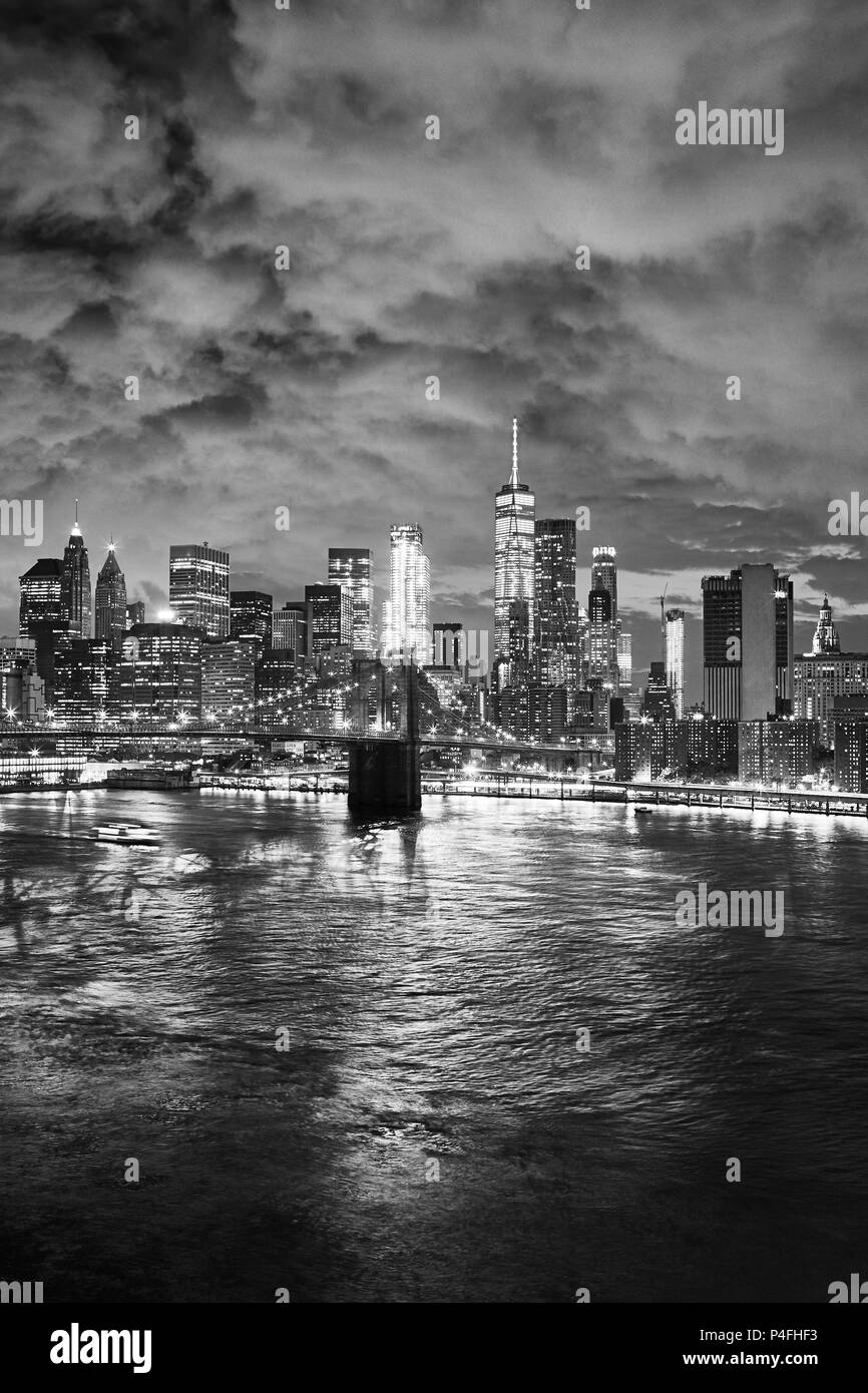 Black and white picture of New York cityscape at night, USA. Stock Photo