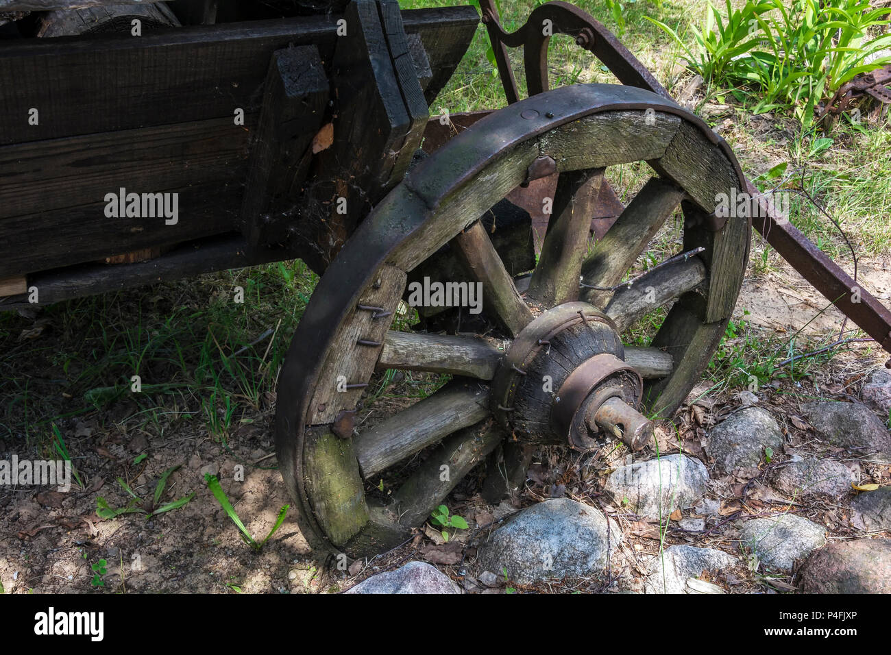 An old wooden wheel with a metal rim on a rural cart grew into the ground, close-up Stock Photo