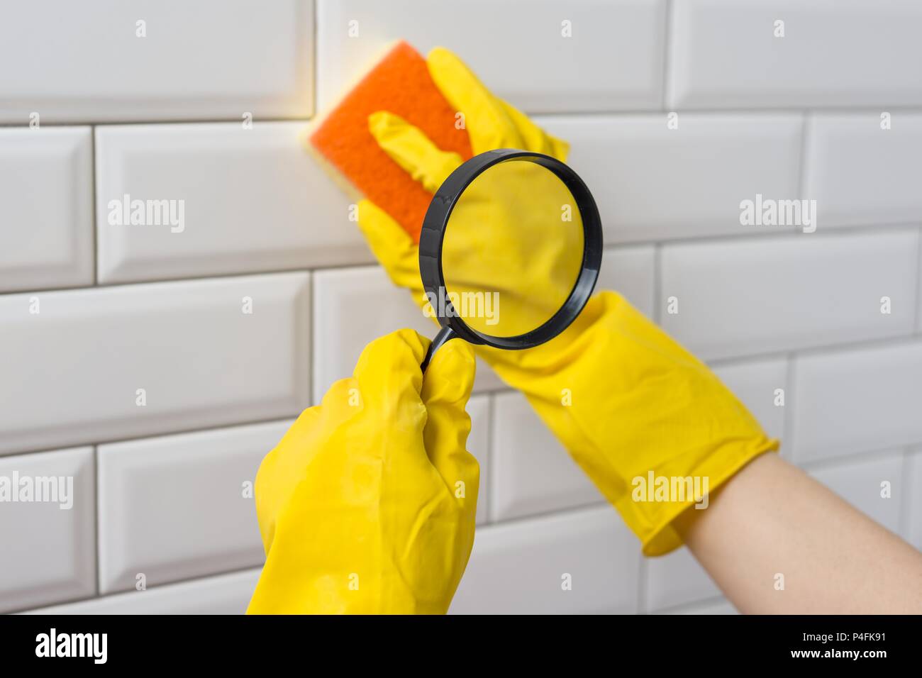 The concept of thorough house cleaning, sponge under a magnifying glass