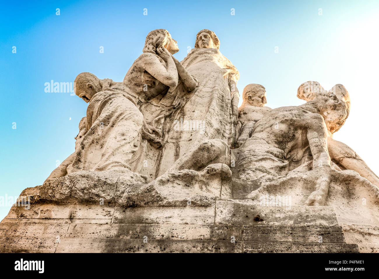 Rome ancient sculptures. Part of bridge. Excursion. Meaningful composition: sun and moon feelings and emotions on sky background Stock Photo