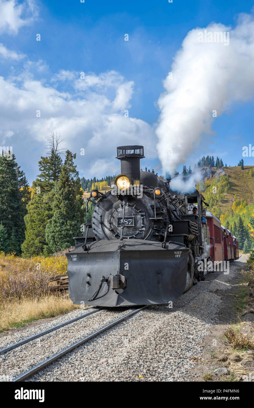 Cumbres and Toltec Railroad Engine #487 Steams along the New Mexico - Colorado border from Chama, NM to Antonito, CO. Stock Photo