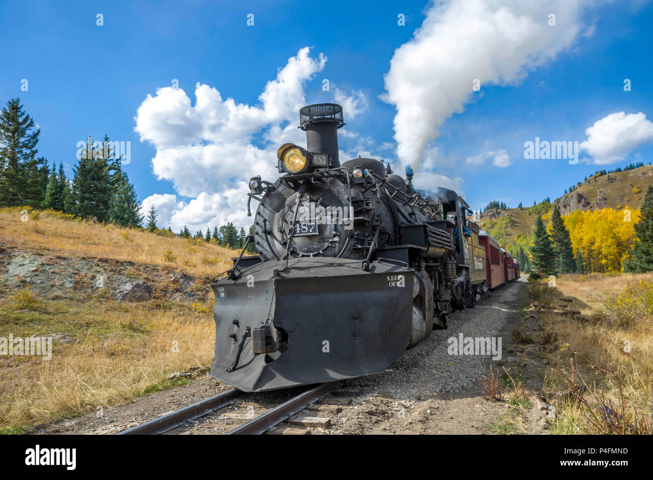 Cumbres and Toltec Railroad Engine #487 Steams along the New Mexico - Colorado border from Chama, NM to Antonito, CO. Stock Photo
