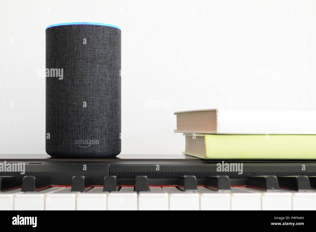 BARCELONA - JUNE 2018: Amazon Echo Smart Home Alexa Voice Service on a piano  in a living room on June 20, 2018 in Barcelona Stock Photo - Alamy