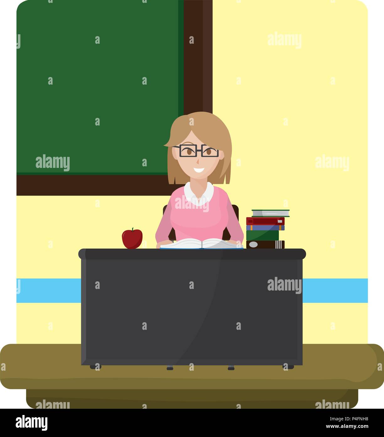 educational teacher with books and apple in her desk Stock Vector Image ...