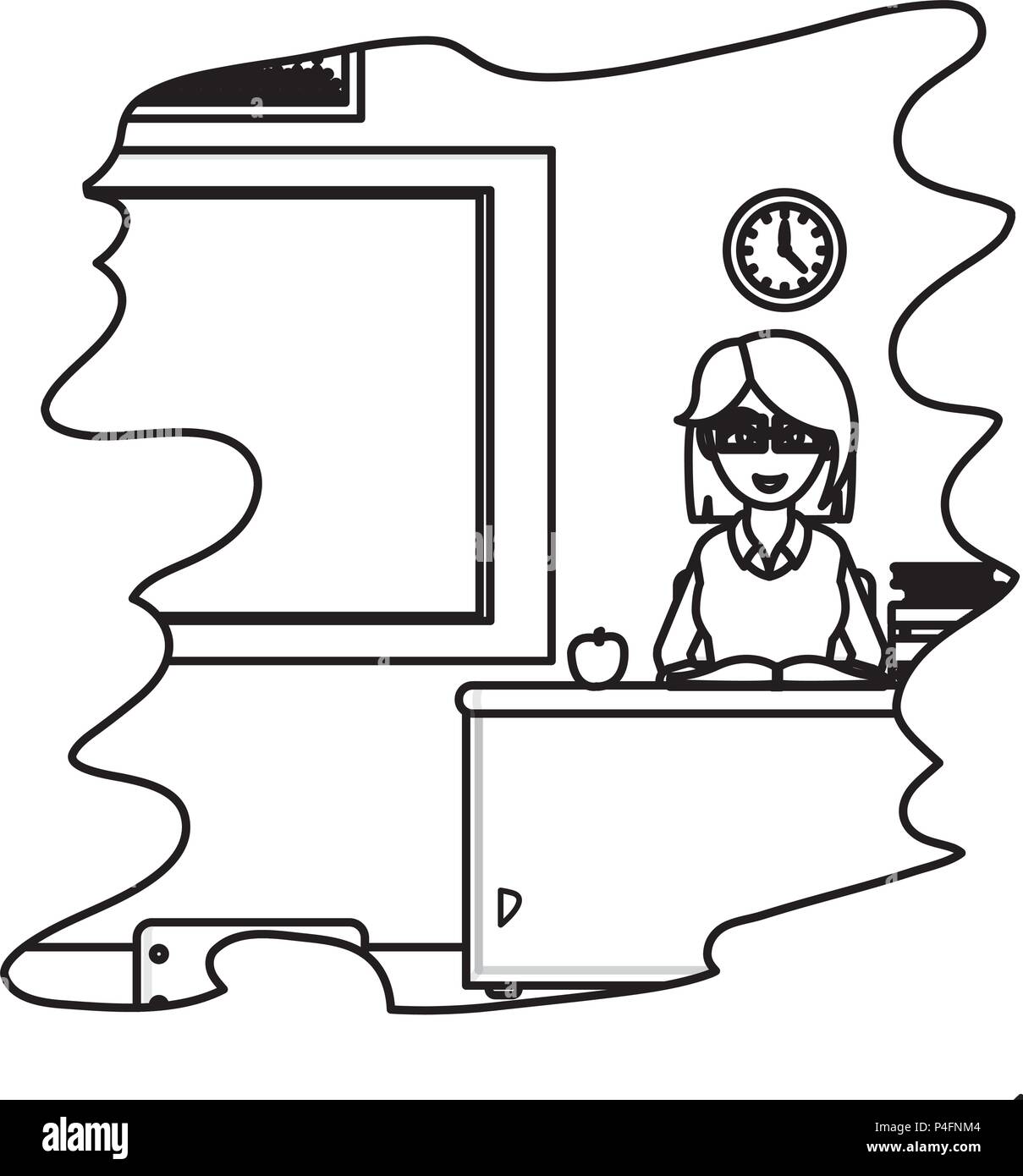 line teacher sitting in her desk with book and apple Stock Vector Image ...