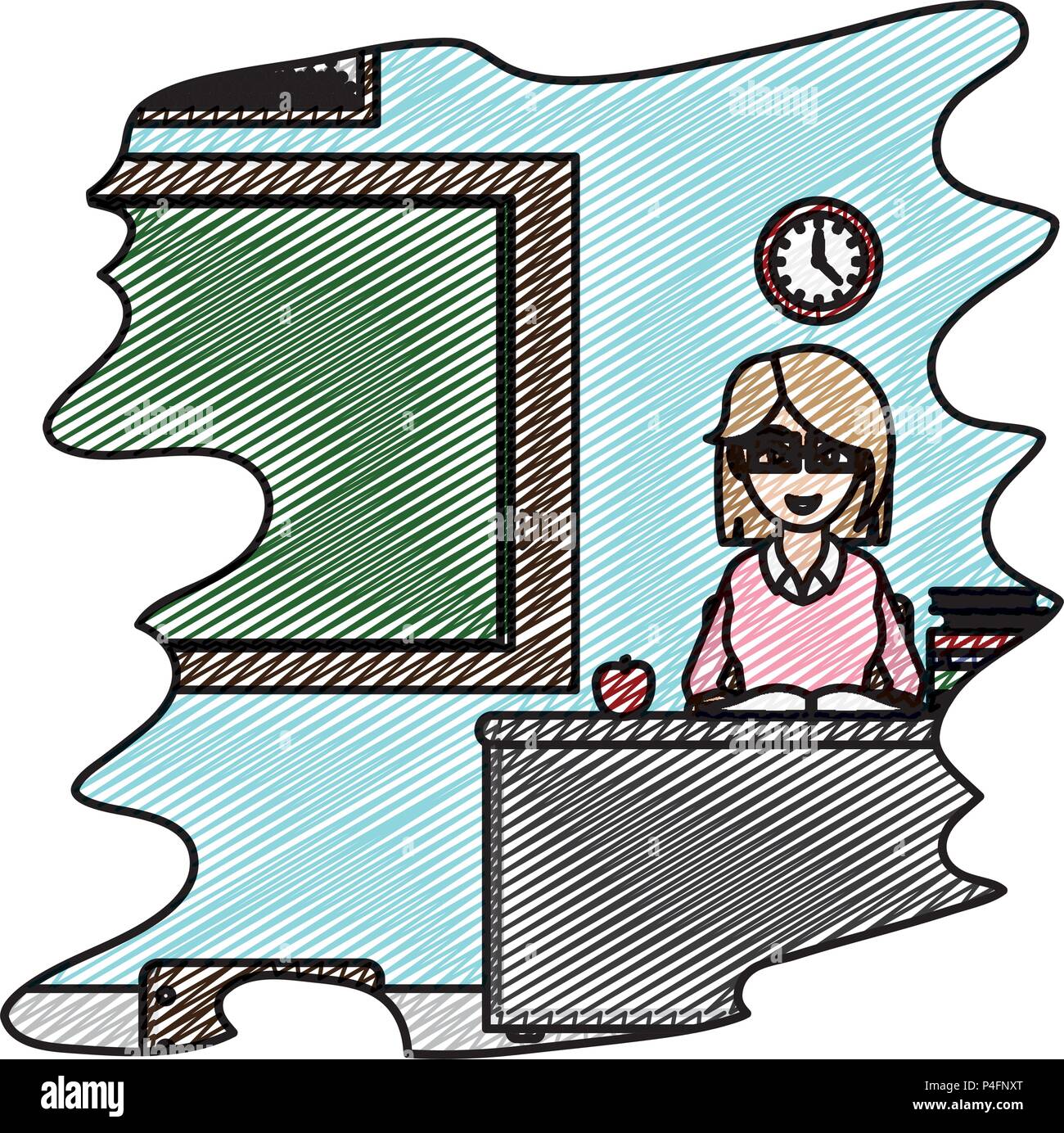 doodle teacher sitting in her desk with book and apple Stock Vector ...
