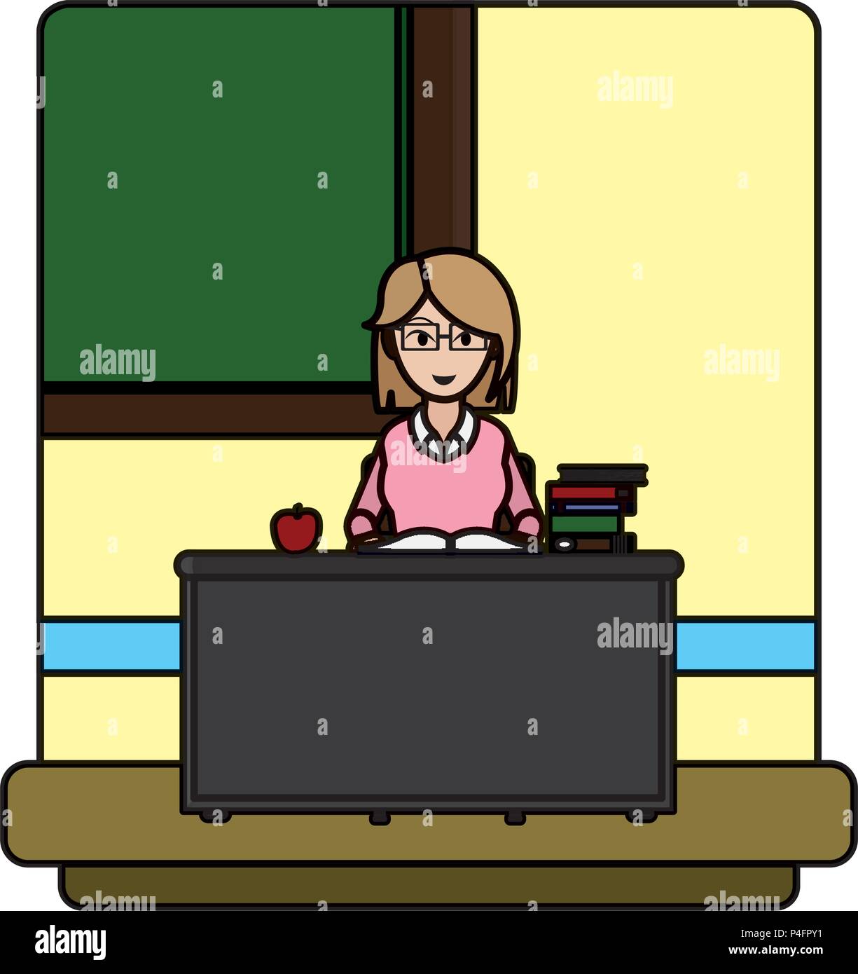 color educational teacher with books and apple in her desk Stock Vector ...