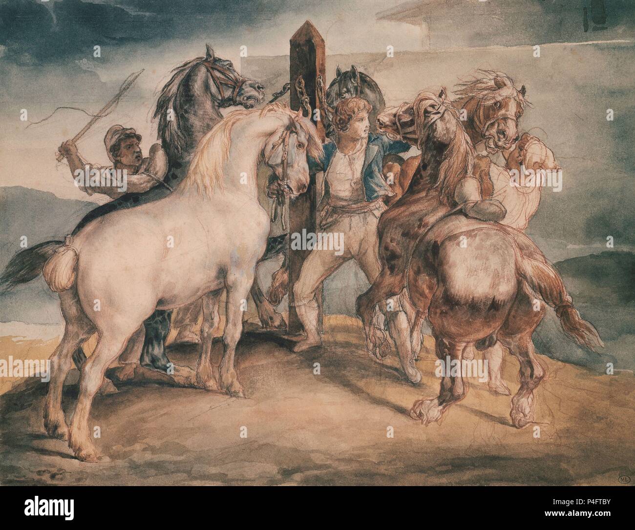 'The Horse Market', 19th century, 23 x 30 cm. Author: Théodore Géricault (1791-1824). Location: LOUVRE MUSEUM-PAINTINGS, FRANCE. Stock Photo