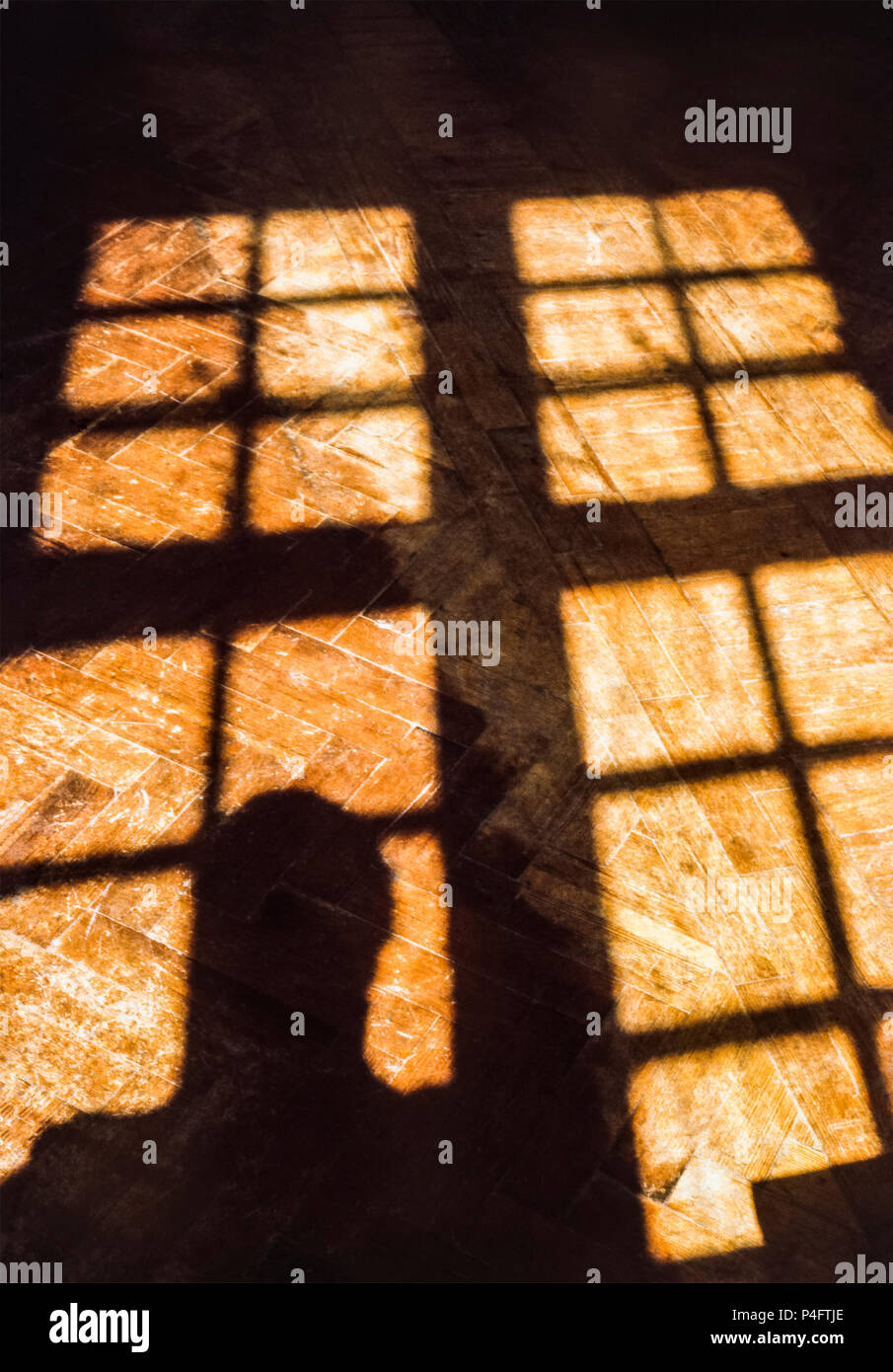 Shadows cast onto a varnished parquet floor by sunlight through a latticed window Stock Photo