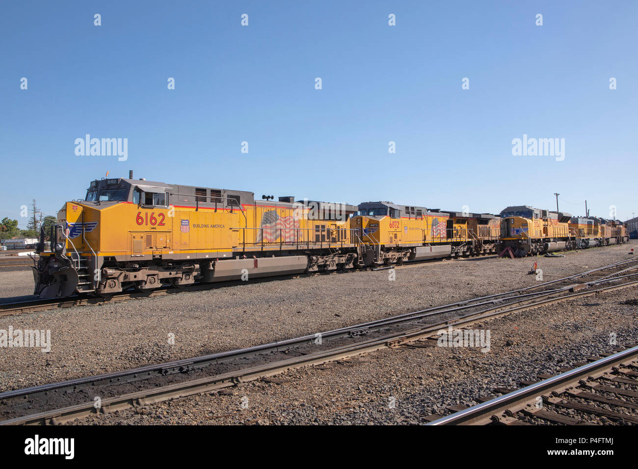 Union Pacific Locomotives in the shunting yard in Roseville California. Stock Photo