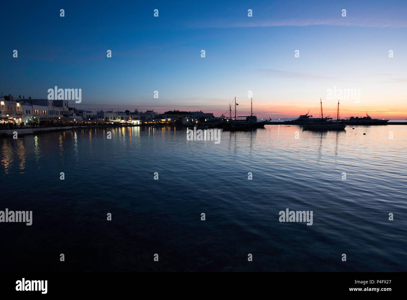 Sunset Mykonos Harbour Stock Photo