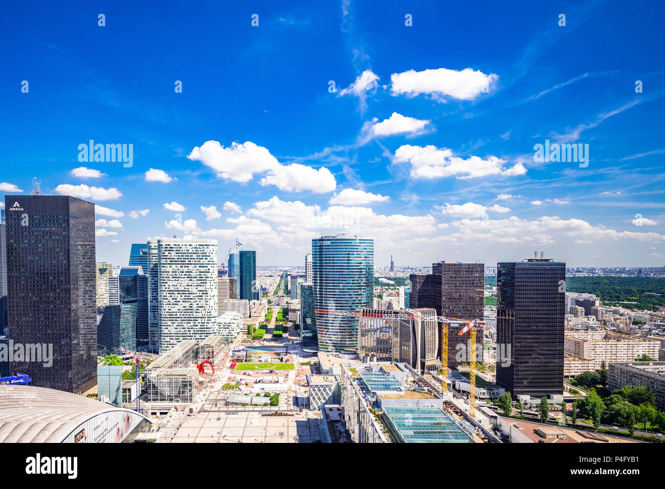Views from the top of the Grand Arch within the La Defense area of Paris, France that houses an open-air museum. Stock Photo