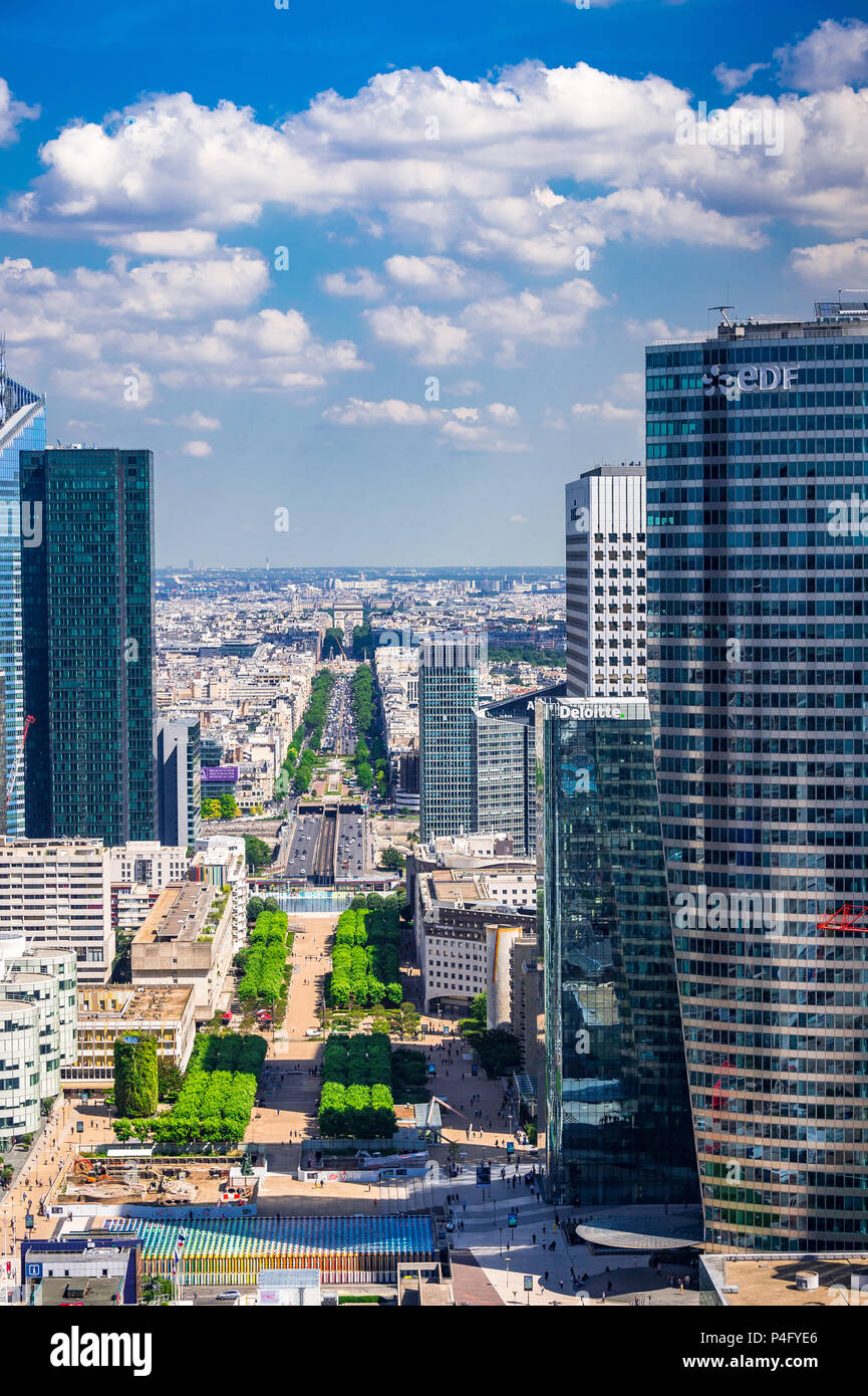 Views from the top of the Grand Arch within the La Defense area of Paris, France that houses an open-air museum. Stock Photo