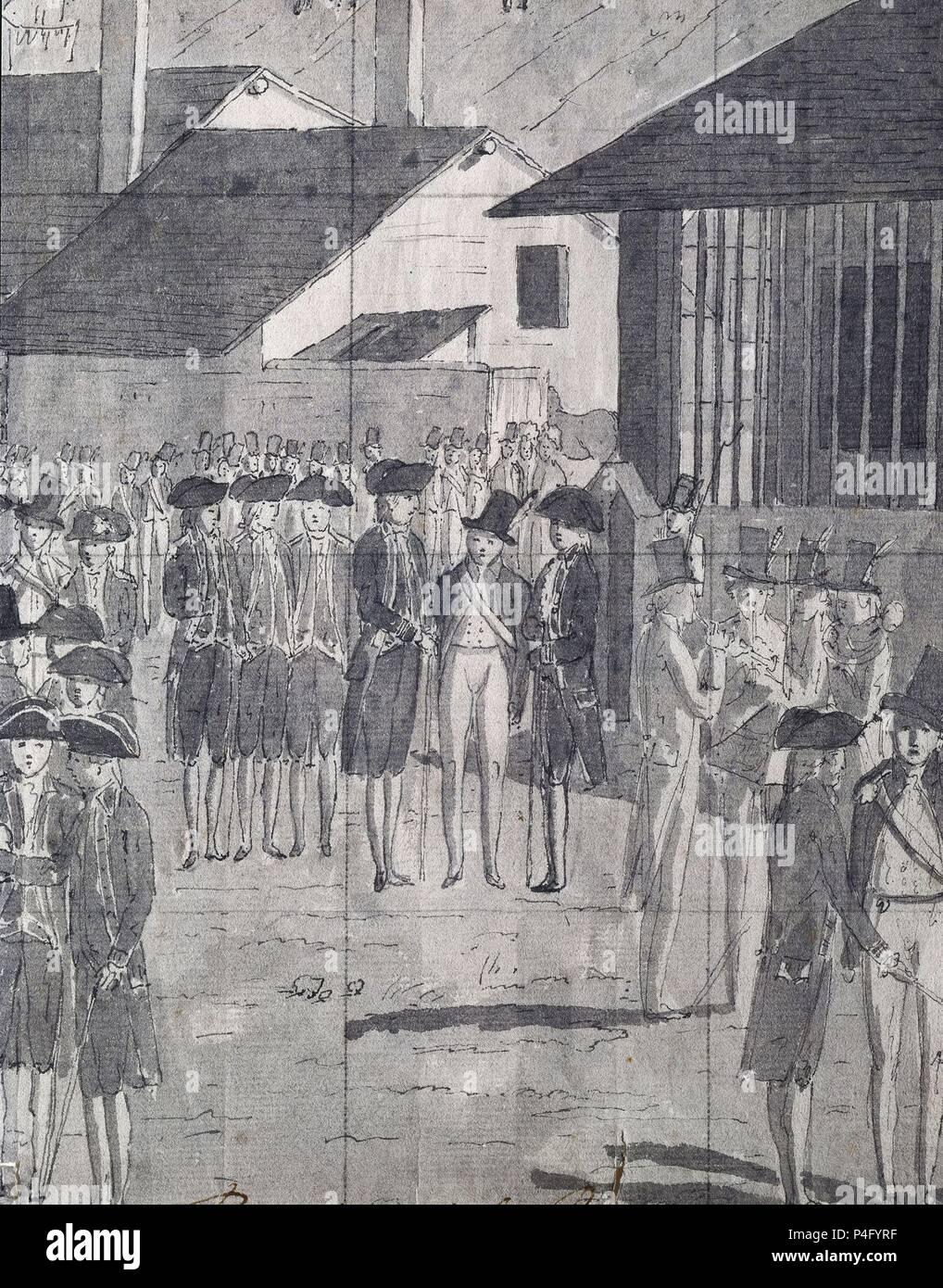 DETALLE DEL BORRADOR DEL RECIBIMIENTO DE LOS OFICIALES EN BAHIA BOTANICA - DIBUJO - SIGLO XVIII - EXPEDICION MALASPINA - PAPEL VERJURADO. Author: Juan Ravenet (1766-1821). Location: MUSEO DE AMERICA-COLECCION, MADRID, SPAIN. Stock Photo