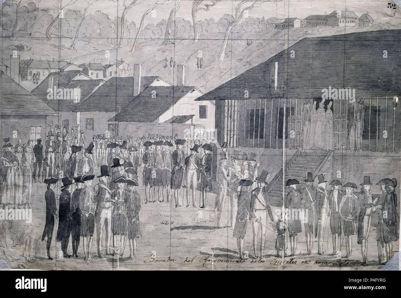BORRADOR DEL RECIBIMIENTO DE LOS OFICIALES EN BAHIA BOTANICA - DIBUJO - SIGLO XVIII - EXPEDICION MALASPINA - PAPEL VERJURADO. Author: Juan Ravenet (1766-1821). Location: MUSEO DE AMERICA-COLECCION, MADRID, SPAIN. Stock Photo