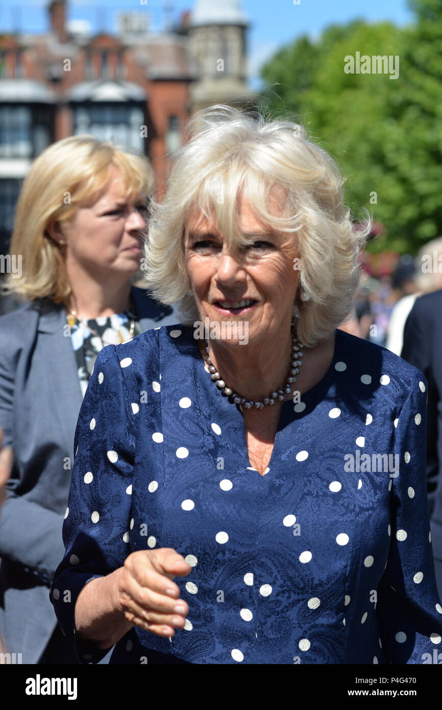 Salisbury, Wiltshire, UK, 22nd June 2018. Camilla, Duchess of Cornwall. The royal couple are on a visit to Salisbury to support the city’s recovery where visitor numbers have fallen and businesses suffered after the nerve agent attack on former Russian spy Sergei Skripal and his daughter Yulia on March 4th 2018. Stock Photo