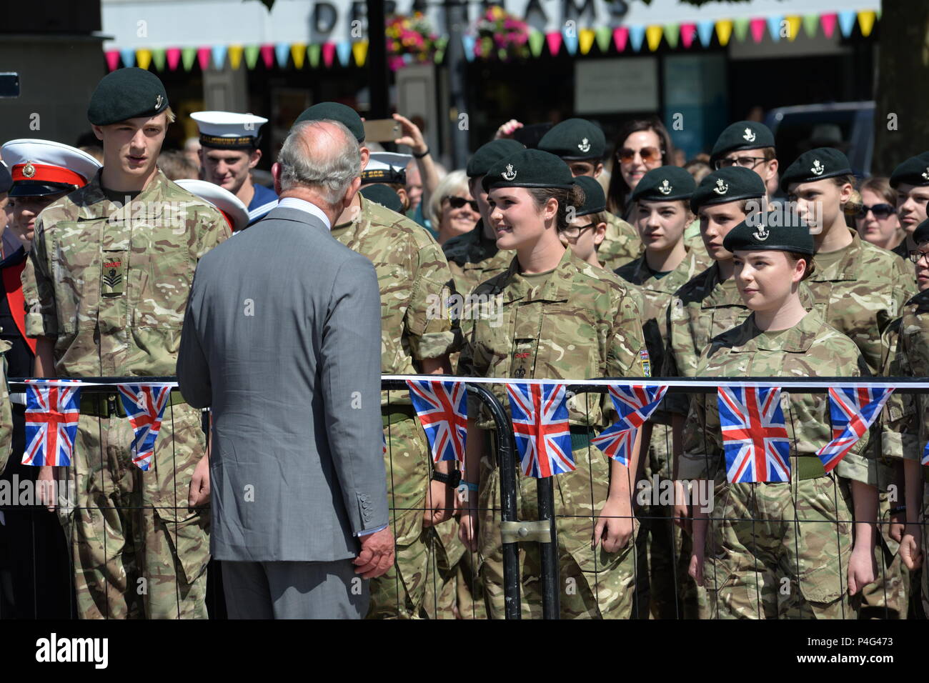 Salisbury, Wiltshire, UK, 22nd June 2018. HRH Prince Charles, the Prince of Wales talking to army personnel in the Market Square. The royal couple are on a visit to Salisbury to support the city’s recovery where visitor numbers have fallen and businesses suffered after the nerve agent attack on former Russian spy Sergei Skripal and his daughter Yulia on March 4th 2018. Stock Photo