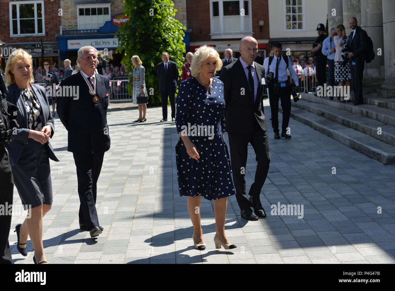 Salisbury, Wiltshire, UK, 22nd June 2018. Camilla, Duchess of Cornwall in the Market Square. The royal couple are on a visit to Salisbury to support the city’s recovery where visitor numbers have fallen and businesses suffered after the nerve agent attack on former Russian spy Sergei Skripal and his daughter Yulia on March 4th 2018. Stock Photo