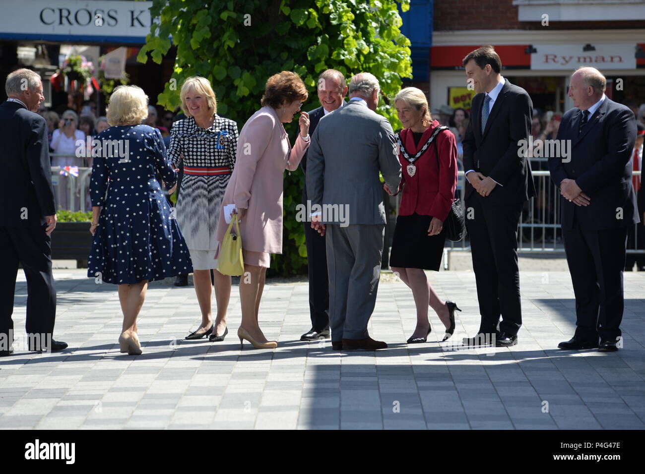 Salisbury, Wiltshire, UK, 22nd June 2018. HRH Prince Charles, the Prince of Wales and Camilla, Duchess of Cornwall meeting local dignitaries in the Market Square. The royal couple are on a visit to Salisbury to support the city’s recovery where visitor numbers have fallen and businesses suffered after the nerve agent attack on former Russian spy Sergei Skripal and his daughter Yulia on March 4th 2018. Stock Photo