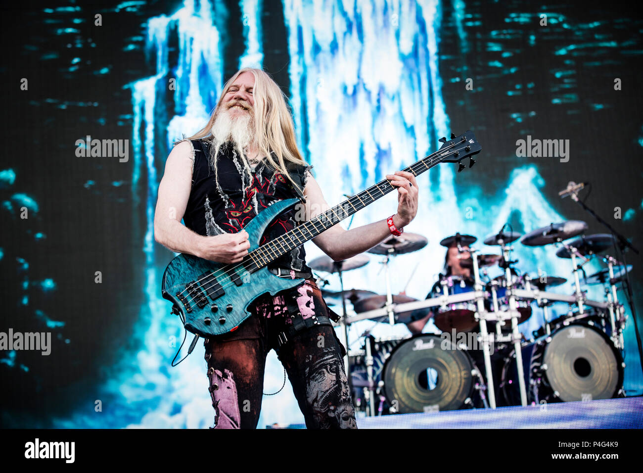 Denmark, Copenhagen - June 21, 2018. Nightwish, the Finnish symphonic metal band, performs a live concert during the Danish heavy metal festival Copenhell 2018 in Copenhagen. Here bass player Marco Hietala is seen live on stage. (Photo credit: Gonzales Photo - Christian Hjorth). Stock Photo