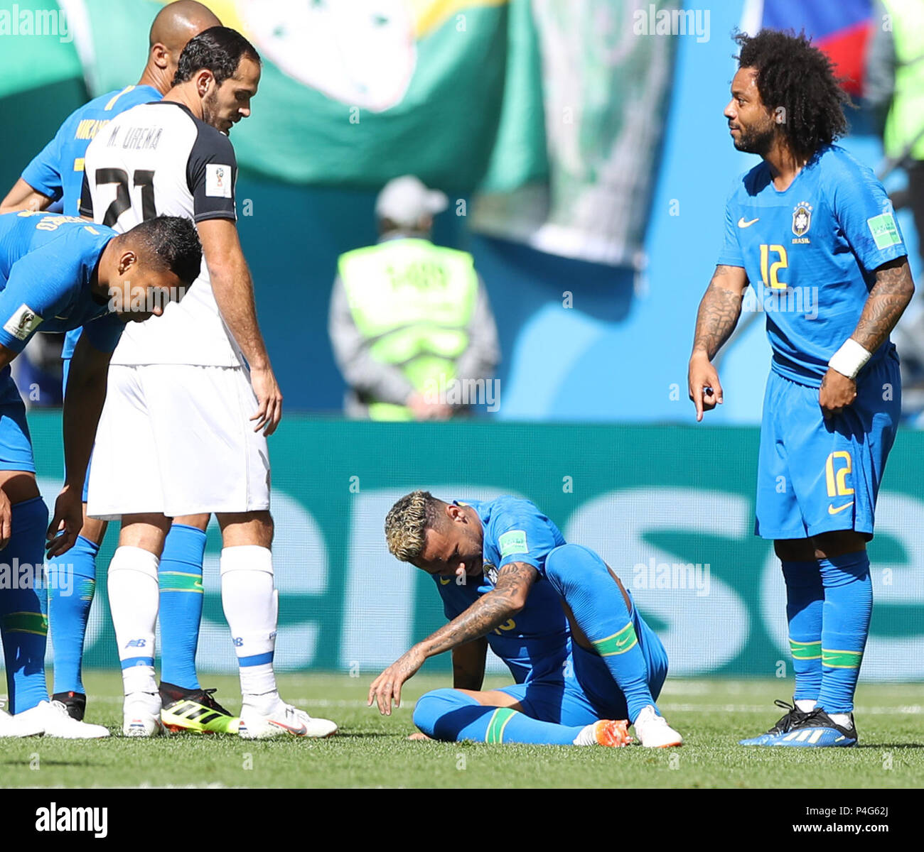 Saint Petersburg, Russia. 22nd June, 2018. Neymar (bottom) of Brazil sustains injury during the 2018 FIFA World Cup Group E match between Brazil and Costa Rica in Saint Petersburg, Russia, June 22, 2018. Credit: Xu Zijian/Xinhua/Alamy Live News Stock Photo