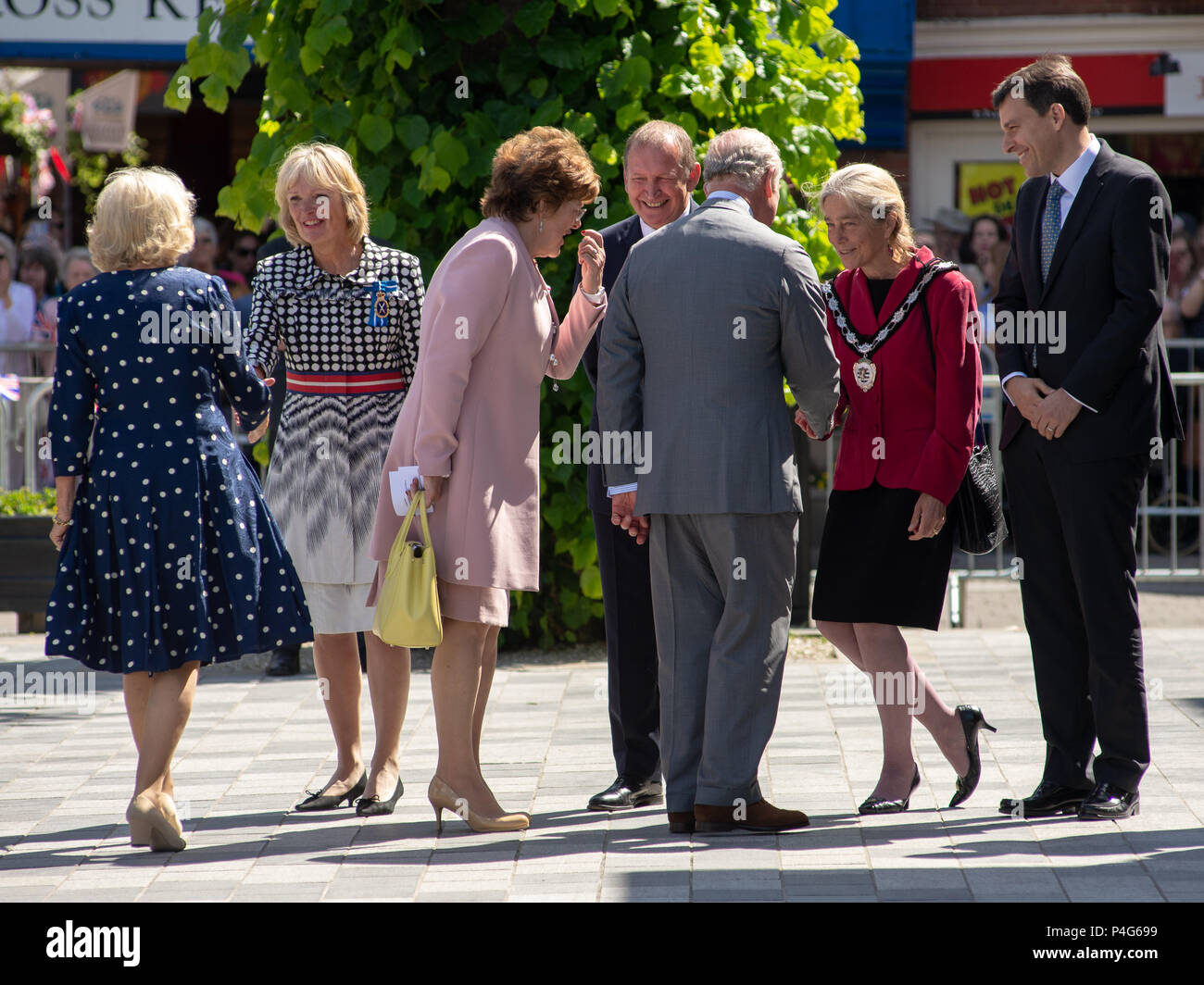 Salisbury, Wiltshire, UK, 22nd June 2018. HRH Prince Charles, the Prince of Wales and Camilla, Duchess of Cornwall meet dignitaries on a visit to Salisbury. The royal couple’s visit is to support the city’s recovery where visitor numbers have fallen and businesses suffered after the nerve agent attack in March 2018. Stock Photo