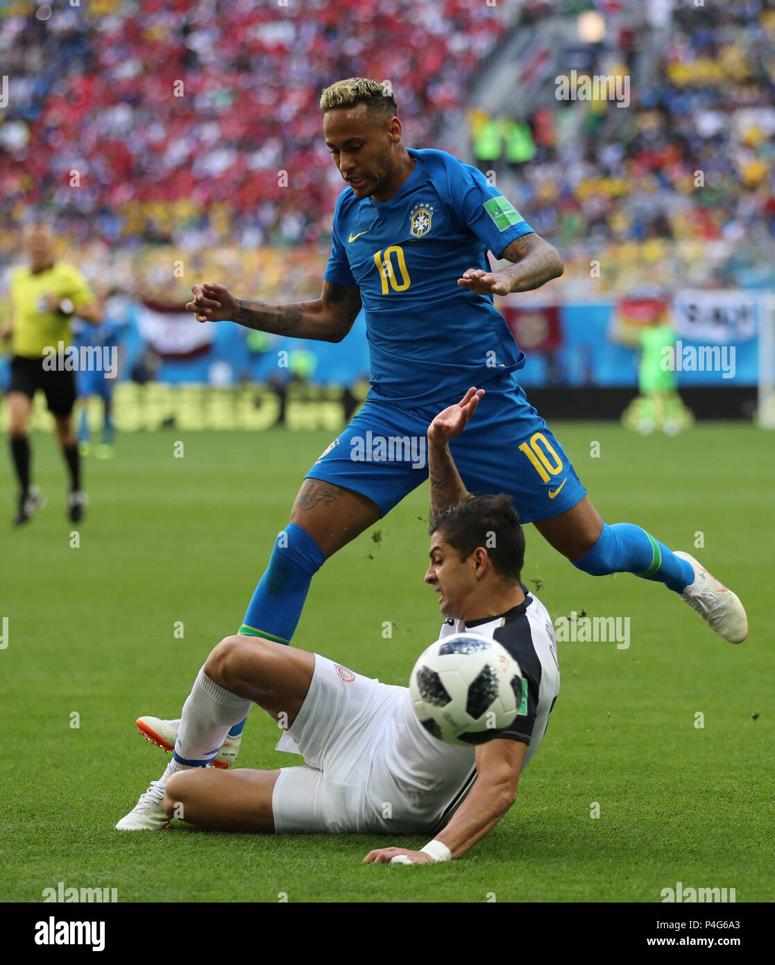 Saint Petersburg, Russia. 22nd June, 2018. Neymar (top) of Brazil vies with Cristian Gamboa of Costa Rica during the 2018 FIFA World Cup Group E match between Brazil and Costa Rica in Saint Petersburg, Russia, June 22, 2018. Credit: Cao Can/Xinhua/Alamy Live News Stock Photo