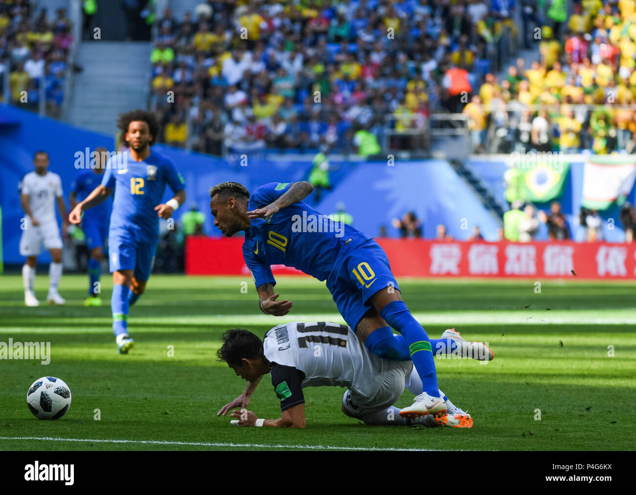 22nd June 2018, Saint Petersburg Stadium, Saint Petersburg, Russia; FIFA World Cup Football, Group E, Brazil versus Costa Rica; Neymar of Brazil is fouled by Cristian Gamboa of Costa Rica Stock Photo