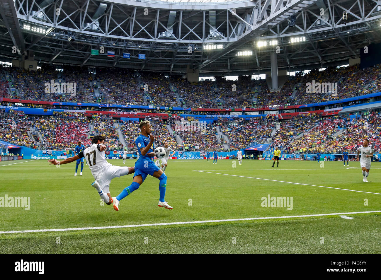 St Petersburg, Russia. 22nd June, 2018. Neymar of Brazil flicks the ball over Yeltsin Tejeda of Costa Rica during the 2018 FIFA World Cup Group E match between Brazil and Costa Rica at Saint Petersburg Stadium on June 22nd 2018 in Saint Petersburg, Russia. (Photo by Daniel Chesterton/phcimages.com) Credit: PHC Images/Alamy Live News Stock Photo
