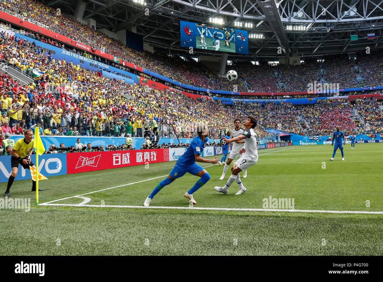 St Petersburg, Russia. 22nd June, 2018. Neymar of Brazil flicks the ball over Yeltsin Tejeda of Costa Rica during the 2018 FIFA World Cup Group E match between Brazil and Costa Rica at Saint Petersburg Stadium on June 22nd 2018 in Saint Petersburg, Russia. (Photo by Daniel Chesterton/phcimages.com) Credit: PHC Images/Alamy Live News Stock Photo