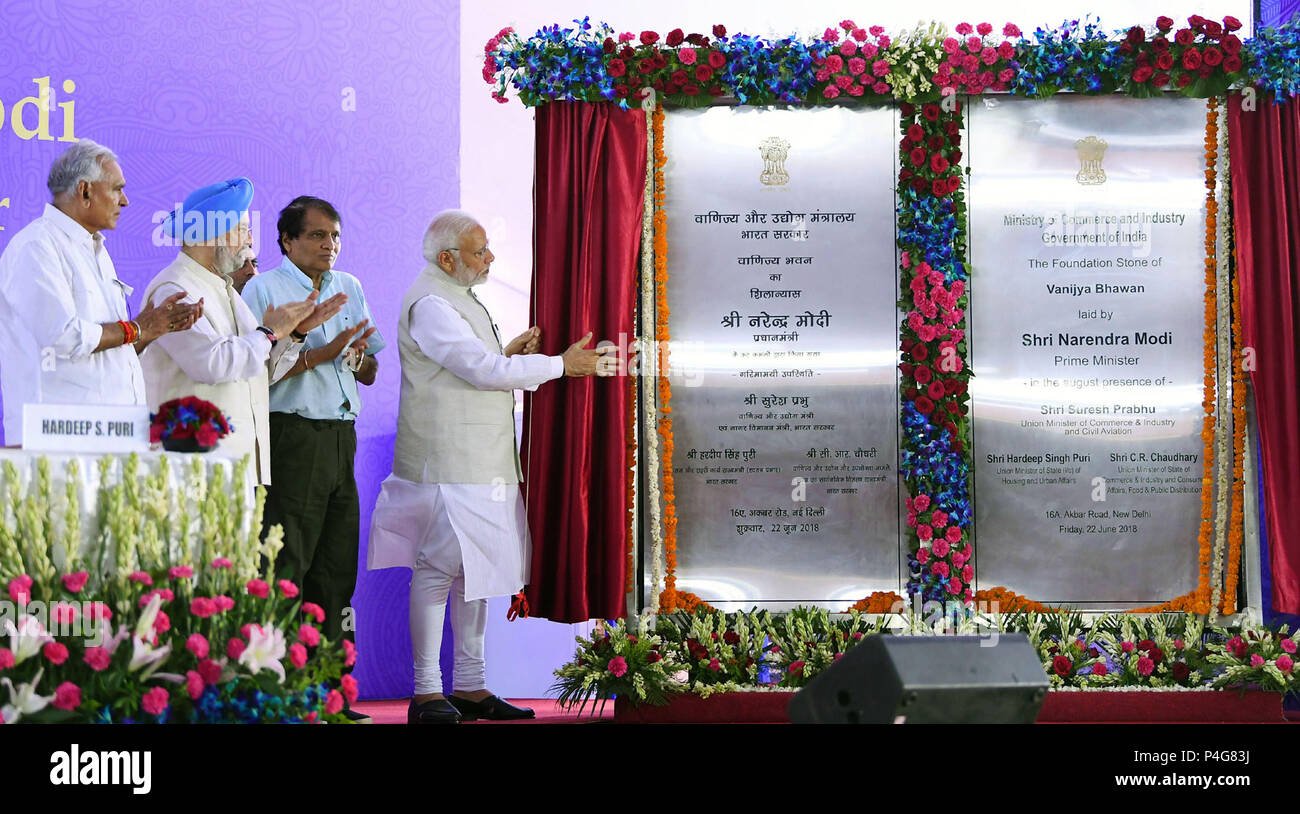 New Delhi, India. 22nd June, 2018. Indian Prime Minister Narendra Modi (1st R) attends a foundation stone laying ceremony of Vanijya Bhawan, a new office complex of India's Ministry of Commerce and Industry, in New Delhi, India, on June 22, 2018. Credit: Stinger/Xinhua/Alamy Live News Stock Photo