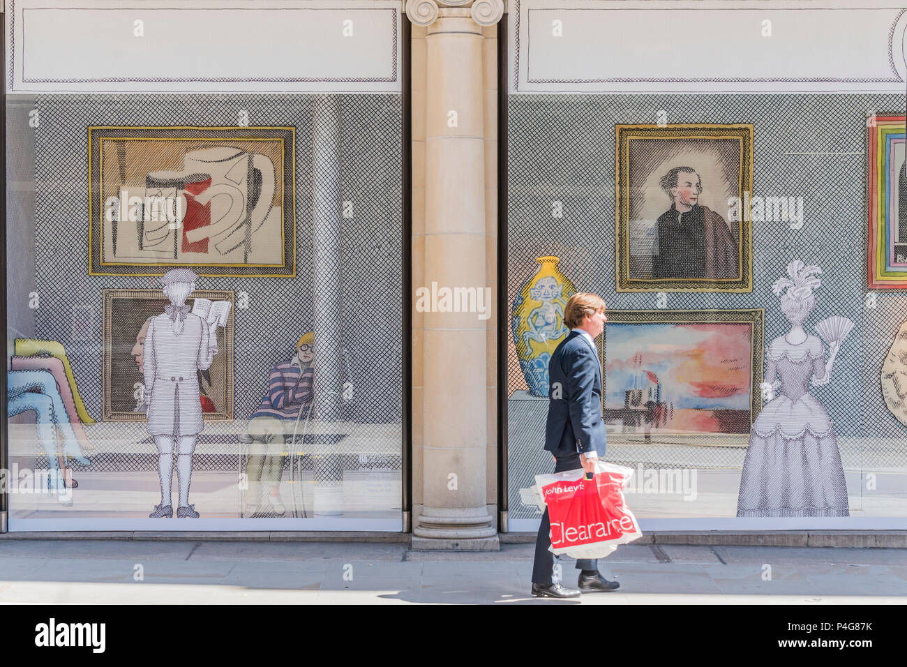 London, UK. 22nd June 2018. Fenwick of Bond Street has commissioned Pierre Le-Tan, the French illustrator to tell the story of the Royal Academy of Arts 250th Anniversary - Bond Street’s windows transformed into a series art installations -  this is part of Mayfair Art Weekend and coincides with the Royal Academy celebrating its 250th anniversary. Credit: Guy Bell/Alamy Live News Stock Photo