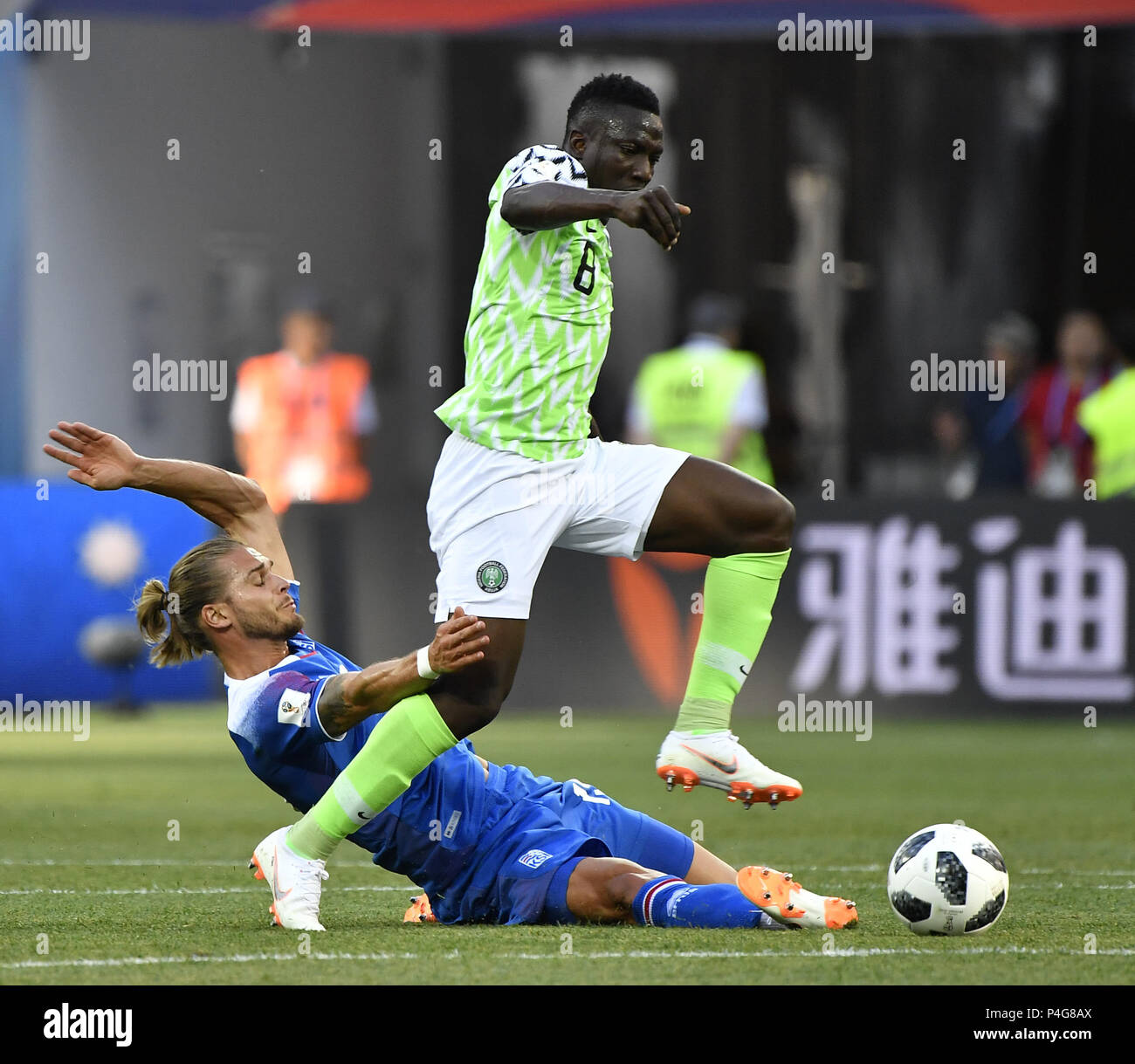 Volgograd, Russia. 22nd June, 2018. Oghenekaro Etebo (top) of Nigeria vies with Rurik Gislason of Iceland during the 2018 FIFA World Cup Group D match between Nigeria and Iceland in Volgograd, Russia, June 22, 2018. Credit: He Canling/Xinhua/Alamy Live News Stock Photo