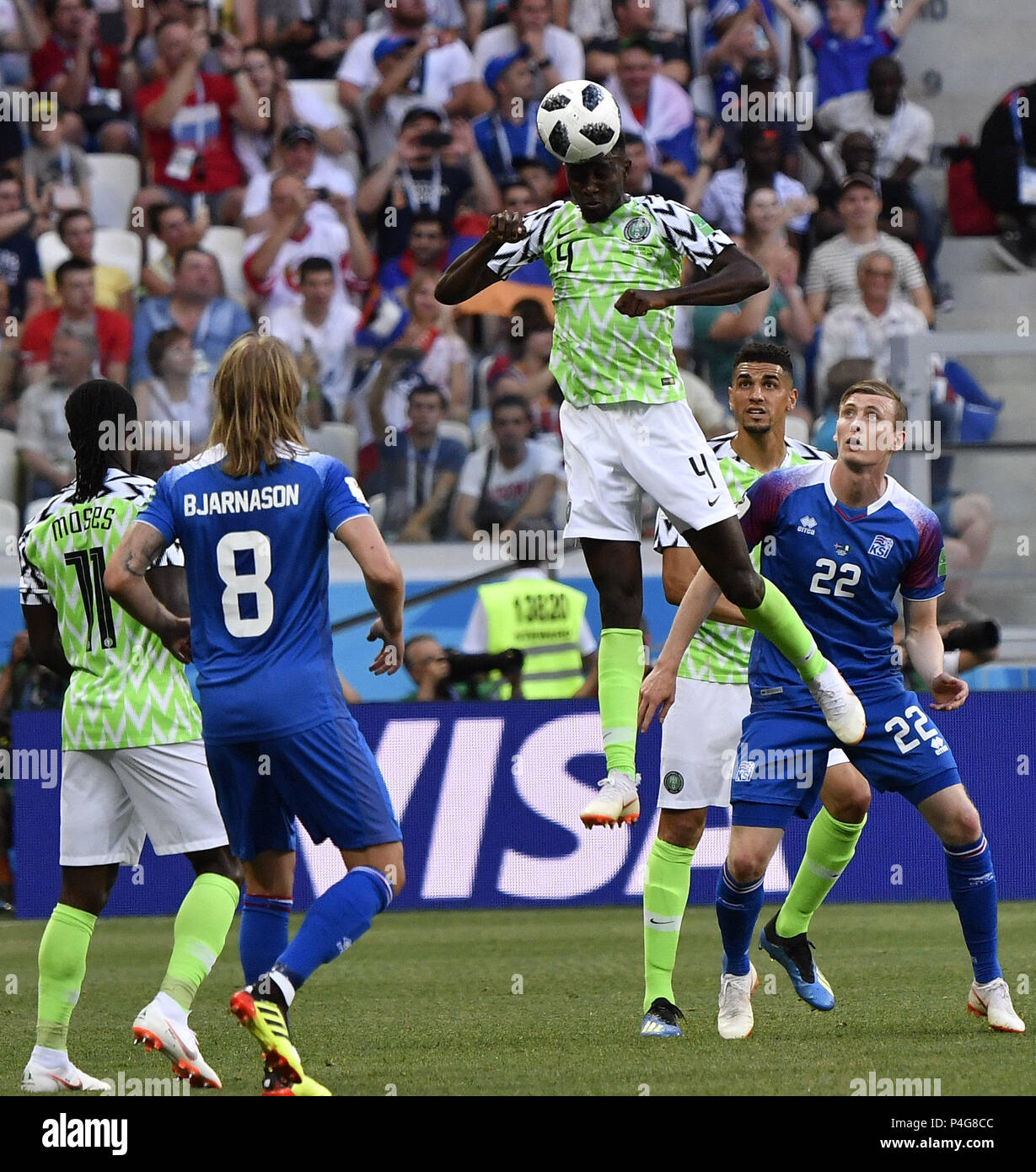 Volgograd, Russia. 22nd June, 2018. Wilfred Ndidi (top) of Nigeria competes for a header during the 2018 FIFA World Cup Group D match between Nigeria and Iceland in Volgograd, Russia, June 22, 2018. Credit: He Canling/Xinhua/Alamy Live News Stock Photo