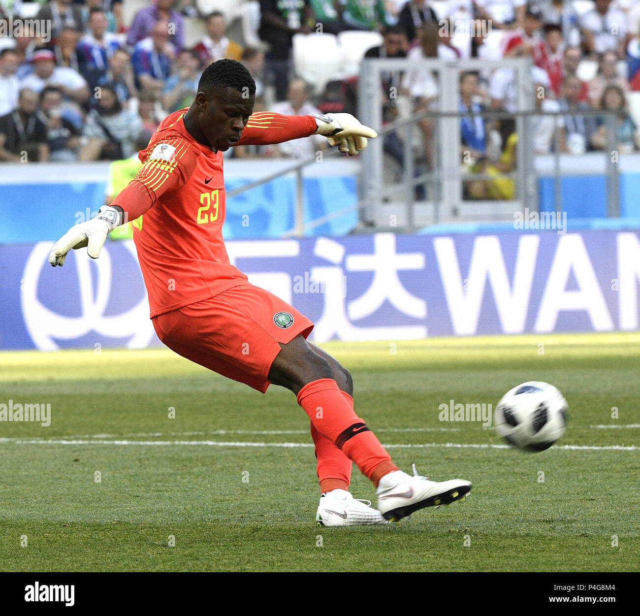 Volgograd, Russia. 22nd June, 2018. Nigeria's goalkeeper Francis Uzoho competes during the 2018 FIFA World Cup Group D match between Nigeria and Iceland in Volgograd, Russia, June 22, 2018. Credit: Lui Siu Wai/Xinhua/Alamy Live News Stock Photo