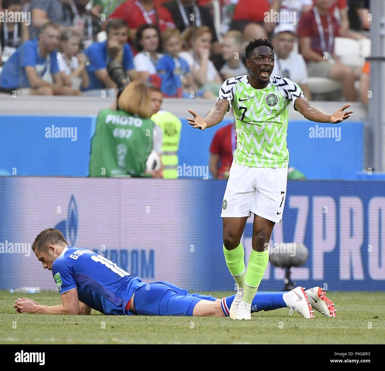 Volgograd, Russia. 22nd June, 2018. Ahmed Musa (R) of Nigeria reacts during the 2018 FIFA World Cup Group D match between Nigeria and Iceland in Volgograd, Russia, June 22, 2018. Credit: Lui Siu Wai/Xinhua/Alamy Live News Stock Photo