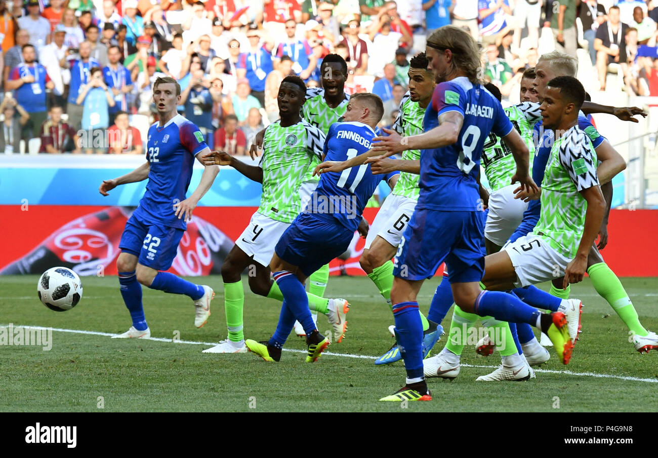 Volgograd, Russia. 22nd June, 2018. Alfred Finnbogason (C) of Iceland shoots during the 2018 FIFA World Cup Group D match between Nigeria and Iceland in Volgograd, Russia, June 22, 2018. Credit: Lui Siu Wai/Xinhua/Alamy Live News Stock Photo