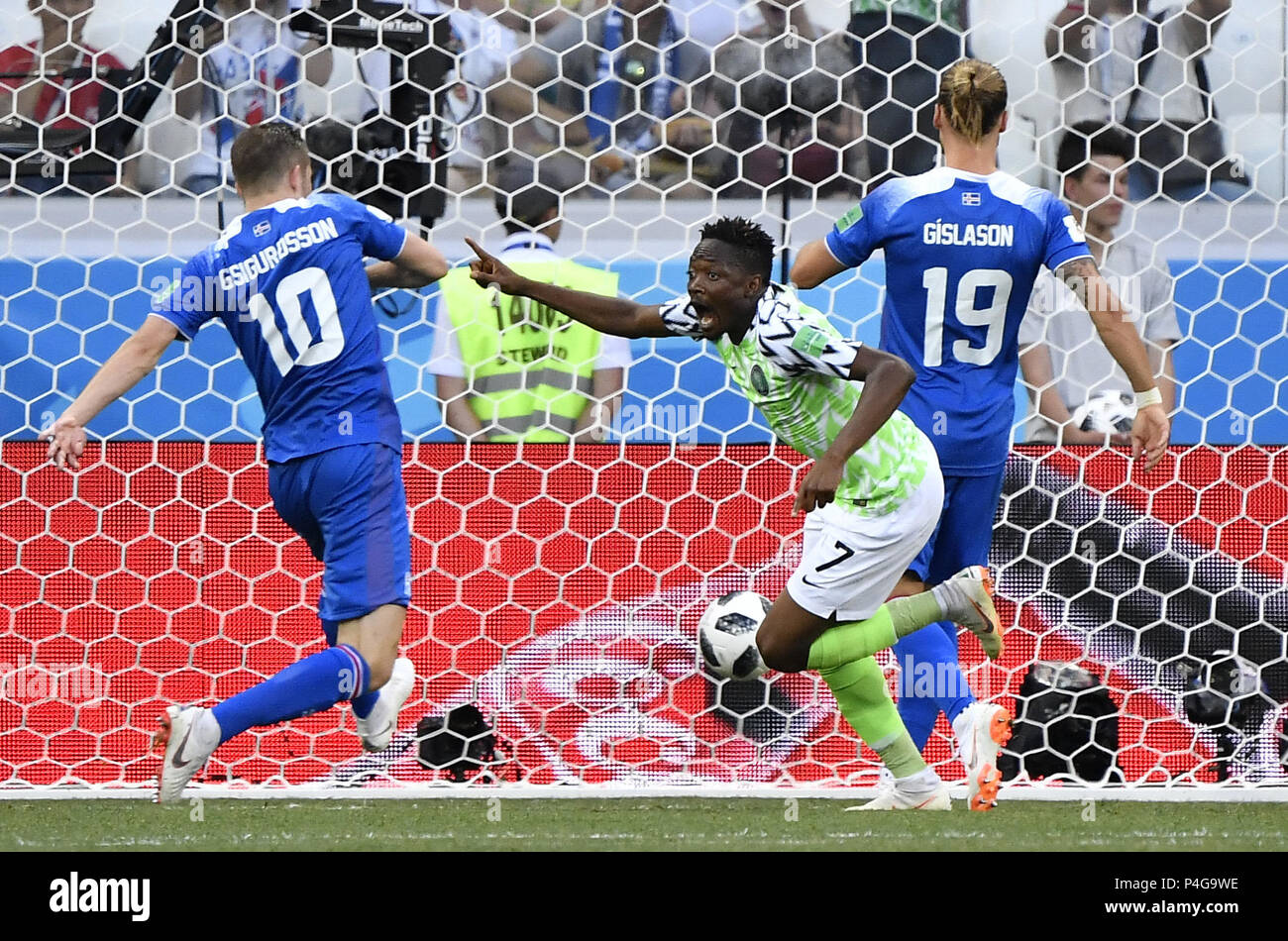 Volgograd, Russia. 22nd June, 2018. Ahmed Musa (C) of Nigeria celebrates scoring during the 2018 FIFA World Cup Group D match between Nigeria and Iceland in Volgograd, Russia, June 22, 2018. Credit: He Canling/Xinhua/Alamy Live News Stock Photo